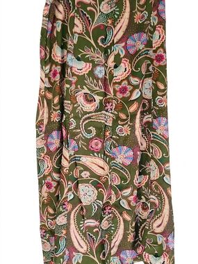 LOFT Olive Green Maxi Skirt with Multicolor Paisley Floral Print